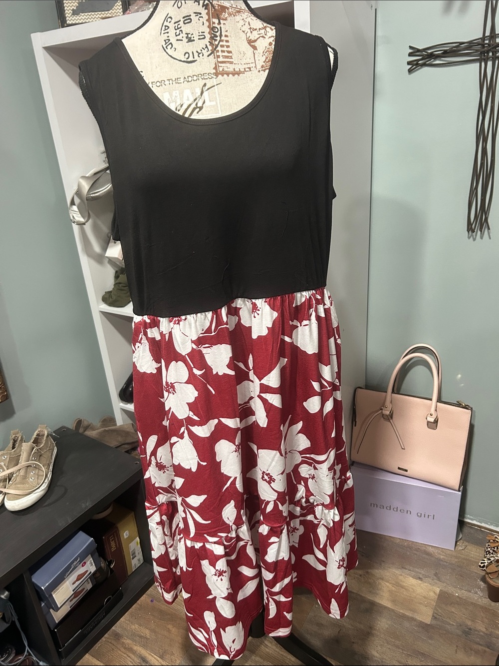 Black Top Red Floral Maxi Dress PTP 22” length 34”